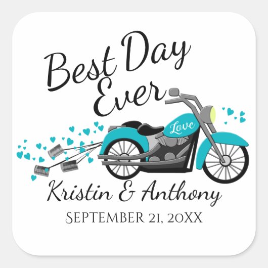 オートバイ結婚のアクアとグレー スクエアシール (正面)
