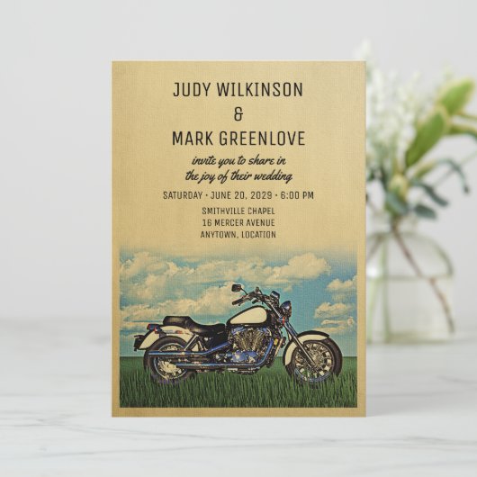 オートバイ結婚式招待状ヴィンテージバイクもしくは自転車に乗る人パーティー 招待状 (スタンド正面)