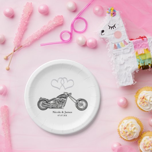 オートバイ&シルバーハート結婚バイクもしくは自転車に乗る人 ペーパープレート (パーティー)