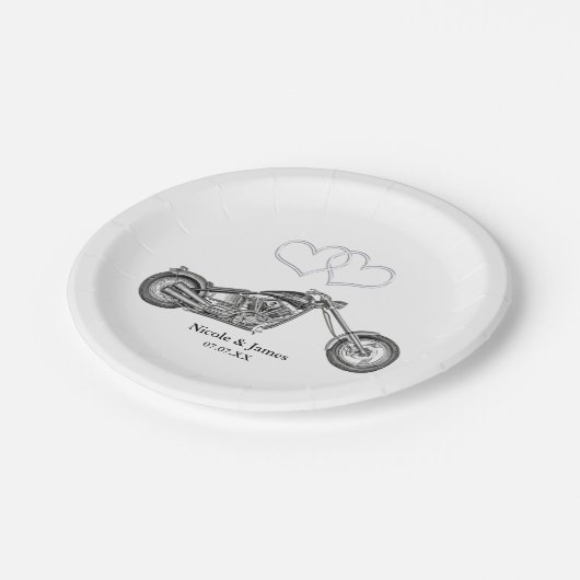 オートバイ&シルバーハート結婚バイクもしくは自転車に乗る人 ペーパープレート (アングル)