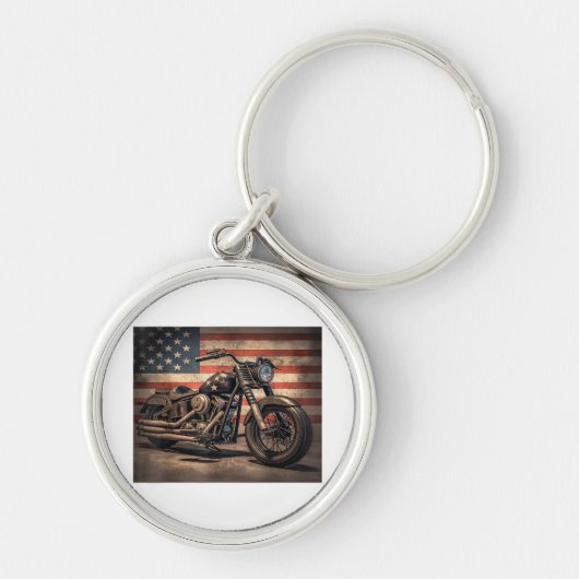 オートバイUSAフラグレトロバイクもしくは自転車に乗る人 キーホルダー (正面)