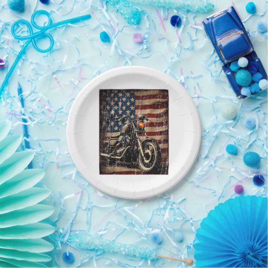 オートバイUSAフラグレトロバイクもしくは自転車に乗る人 ペーパープレート (パーティー)
