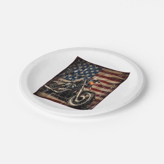 オートバイUSAフラグレトロバイクもしくは自転車に乗る人 ペーパープレート (アングル)