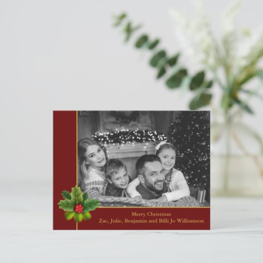 オートブラックとホワイトフォトホリーレッドクリスマス ポストカード (スタンド正面)