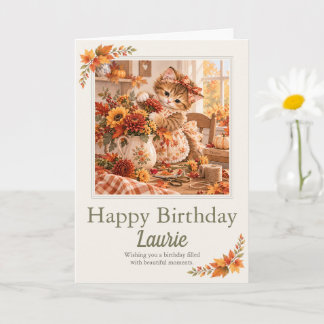 オートムに誕生日を迎える子猫と花のカード(名入れ可能) カード