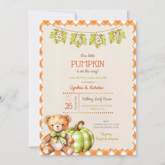 オートムンプレイドテディベアパンプキンリーフ 招待状 (正面)