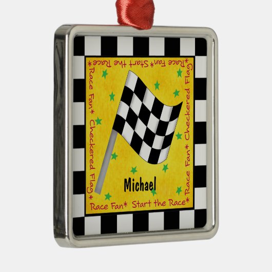 オートレースファンのパーソナライズなチェック模様の旗の名前 メタルオーナメント (右)