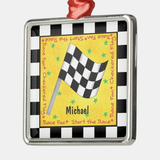 オートレースファンのパーソナライズなチェック模様の旗の名前 メタルオーナメント (左)