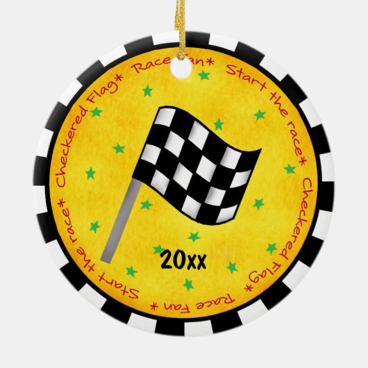 オートレースファンはカスタマイズ旗の一流年を市松模様にしました セラミックオーナメント (裏面)