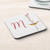 オードボンの黄色い鳥の花とモノグラム コースター (左側)