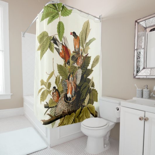 オードボンアメリカンロビンワイルドライフバードイラストレーション シャワーカーテン (インサイチュ)