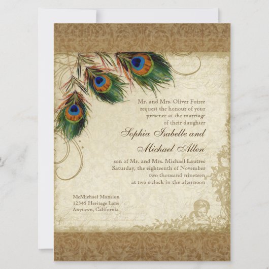 オードリージャンヌピーコック&フェザーヴィンテージダマスク 招待状 (裏面)