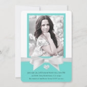 オードリーティール（緑がかった色）ホワイトボウモダンブライダルシャワー写真 招待状 (裏面)