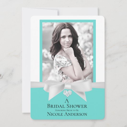 オードリーティール（緑がかった色）ホワイトボウモダンブライダルシャワー写真 招待状 (正面)