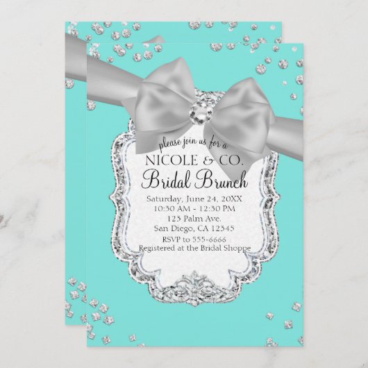 オードリーブルービッグホワイトボウダイヤモンドブライダルシャワー 招待状 (正面/裏面)