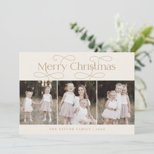 オードリー金ゴールドモダンファミリーフォトヴィンテージクリスマス シーズンカード (スタンド正面)