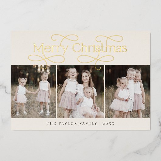 オードリー金箔ファミリーフォトヴィンテージクリスマス 箔シーズンカード (正面)