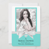 オードリー ティール ホワイト ボウ モダン ブライダル シャワー フォト 招待状 (正面)