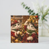 オーナメントでクリスマスツリーを飾るかわいい猫たち シーズンカード (スタンド正面)