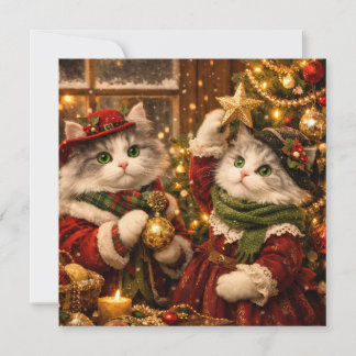 オーナメントでクリスマスツリーを飾るかわいい猫たち シーズンカード