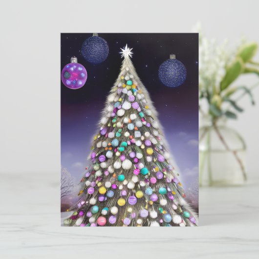 オーナメントで覆われたクリスマスツリー シーズンカード (スタンド正面)