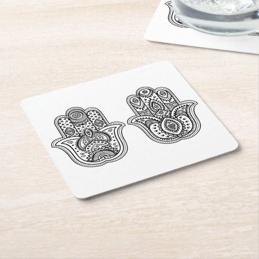 オーナメントとの手描きのHamsa スクエアペーパーコースター (アングル)
