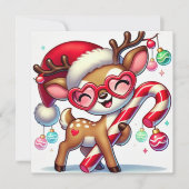 オーナメントとキャンディーケーンで微笑むトナカイ シーズンカード (正面)