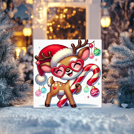 オーナメントとキャンディーケーンで微笑むトナカイ シーズンカード