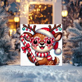 オーナメントとキャンディーケーンの付いたチャーミングなトナカイ シーズンカード