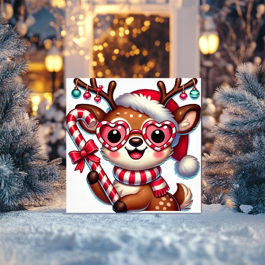 オーナメントとキャンディーケーンの付いたチャーミングなトナカイ シーズンカード