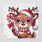 オーナメントとキャンディーケーンの魅力的なトナカイ シーズンカード (正面)