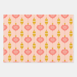 オーナメントとビーズピンクのギフトラップ3パック ラッピングペーパーシート