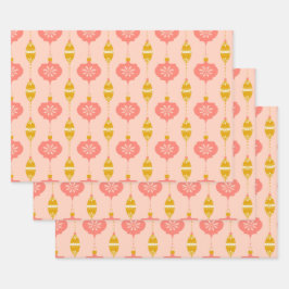 オーナメントとビーズピンクのギフトラップ3パック ラッピングペーパーシート