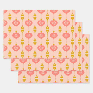 オーナメントとビーズピンクのギフトラップ3パック ラッピングペーパーシート