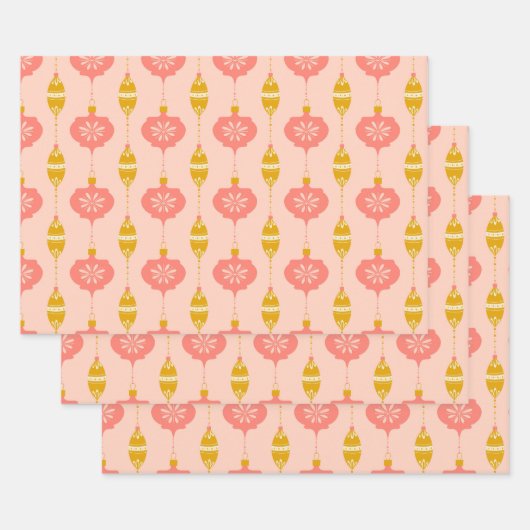 オーナメントとビーズピンクのギフトラップ3パック ラッピングペーパーシート (セット)