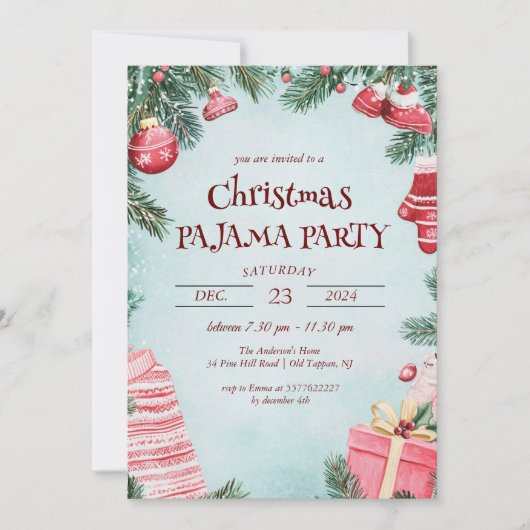 オーナメントとプレゼントクリスマスパジャマパーティー 招待状 (正面)