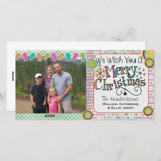 オーナメントとミッテンスのクリスマスホリデーフォトカード シーズンカード (正面/裏面)