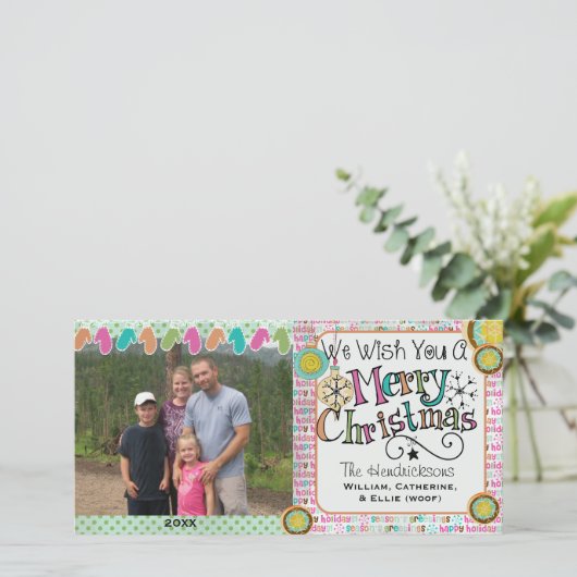 オーナメントとミッテンスのクリスマスホリデーフォトカード シーズンカード (スタンド正面)