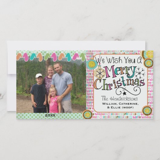 オーナメントとミッテンスのクリスマスホリデーフォトカード シーズンカード (正面)