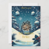 オーナメントと家族のメッセージを添えたウィンターワンダーランド 招待状 (正面)