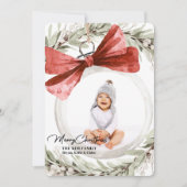 オーナメントと弓リース写真クリスマス シーズンカード (正面)