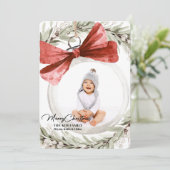 オーナメントと弓リース写真クリスマス シーズンカード (スタンド正面)