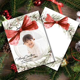 オーナメントと弓リース写真クリスマス シーズンカード