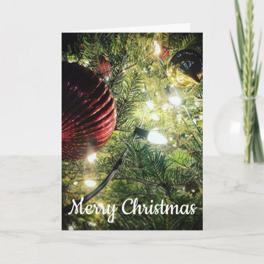オーナメントと木でクリスマスを楽しむ シーズンカード (正面)