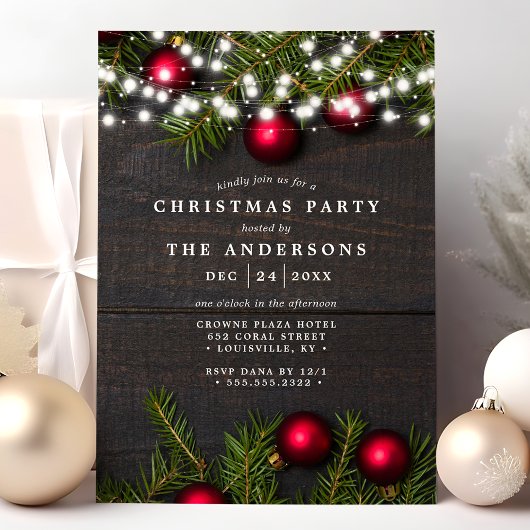 オーナメントと松のストリングライトクリスマスパーティー 招待状