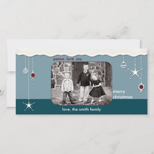 オーナメントと雪のクリスマスグリーティング シーズンカード (正面)