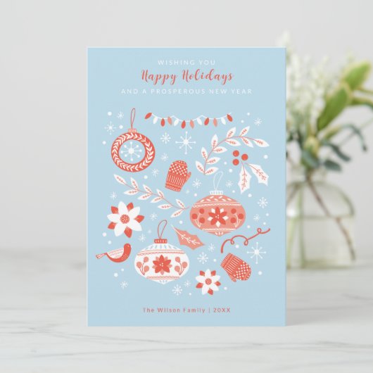 オーナメントと雪のモダンクリスマスハッピーホリデー 招待状 (スタンド正面)