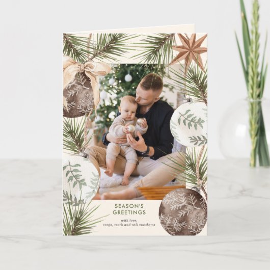 オーナメントに囲まれた写真のホリデーカード シーズンカード (正面)