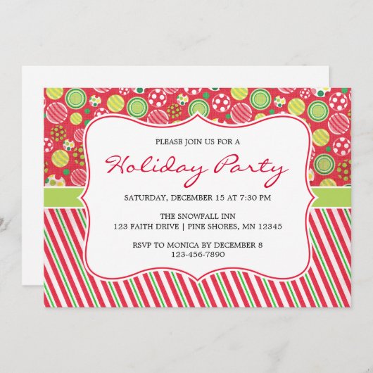 オーナメントのストライプなクリスマスの休日のパーティカード 招待状 (正面/裏面)