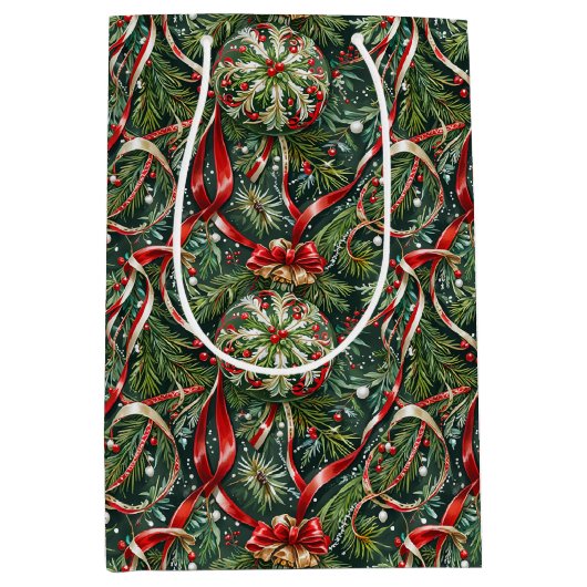 オーナメントのツリーとサテンリボン ミディアムペーパーバッグ (正面)